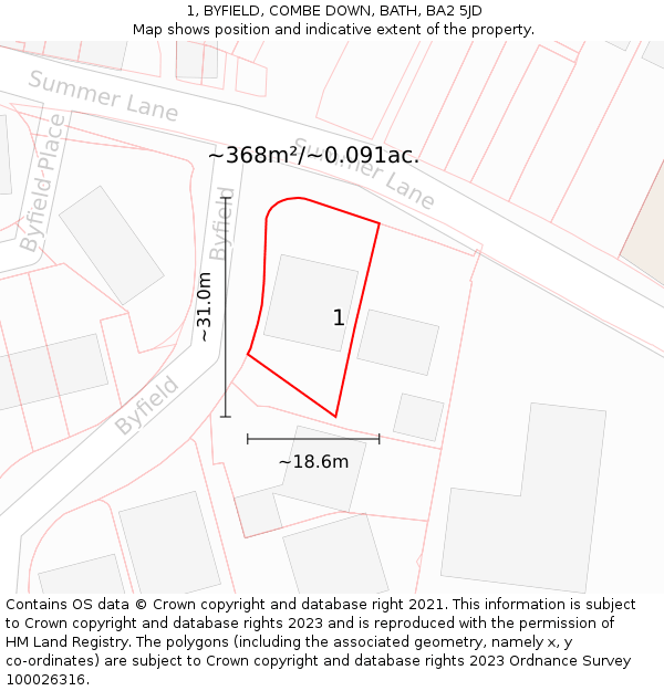1, BYFIELD, COMBE DOWN, BATH, BA2 5JD: Plot and title map