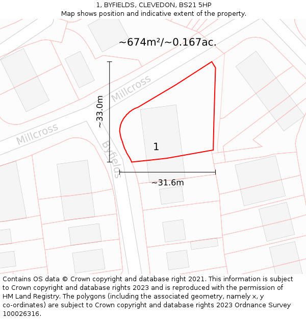 1, BYFIELDS, CLEVEDON, BS21 5HP: Plot and title map