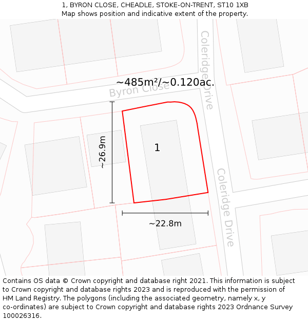 1, BYRON CLOSE, CHEADLE, STOKE-ON-TRENT, ST10 1XB: Plot and title map