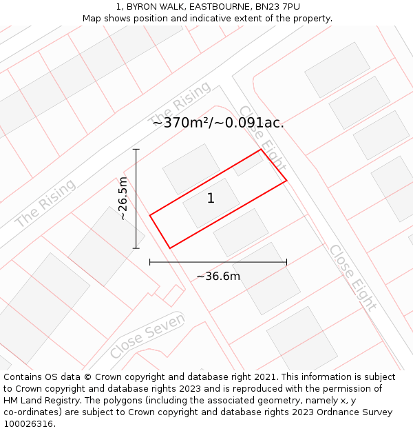 1, BYRON WALK, EASTBOURNE, BN23 7PU: Plot and title map