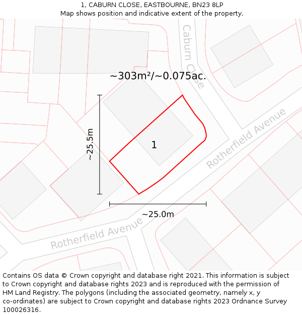 1, CABURN CLOSE, EASTBOURNE, BN23 8LP: Plot and title map