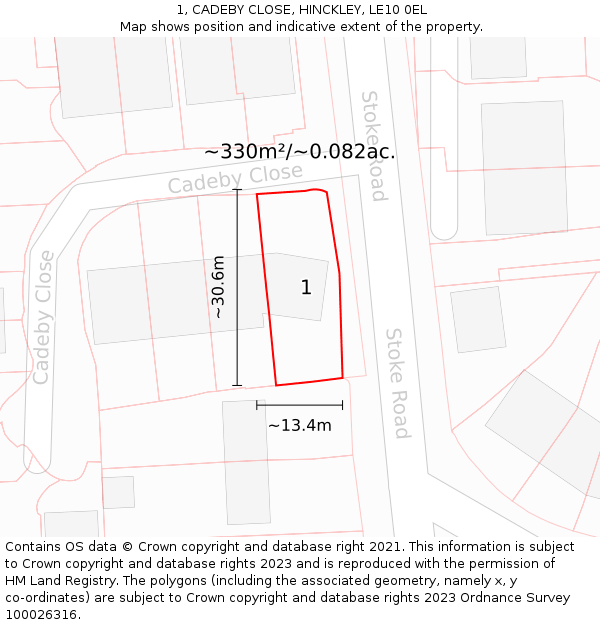 1, CADEBY CLOSE, HINCKLEY, LE10 0EL: Plot and title map