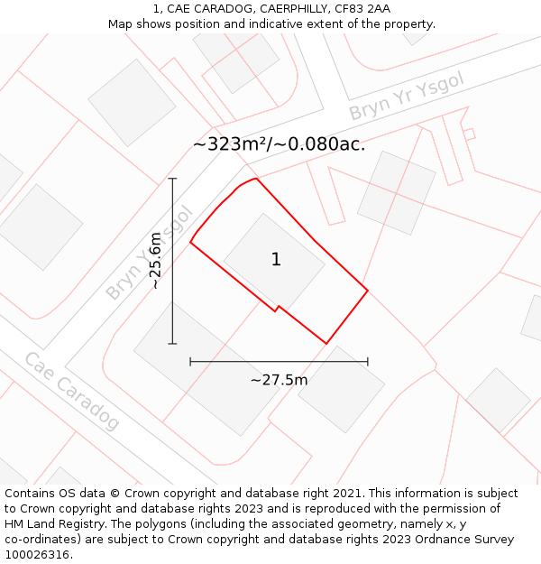 1, CAE CARADOG, CAERPHILLY, CF83 2AA: Plot and title map