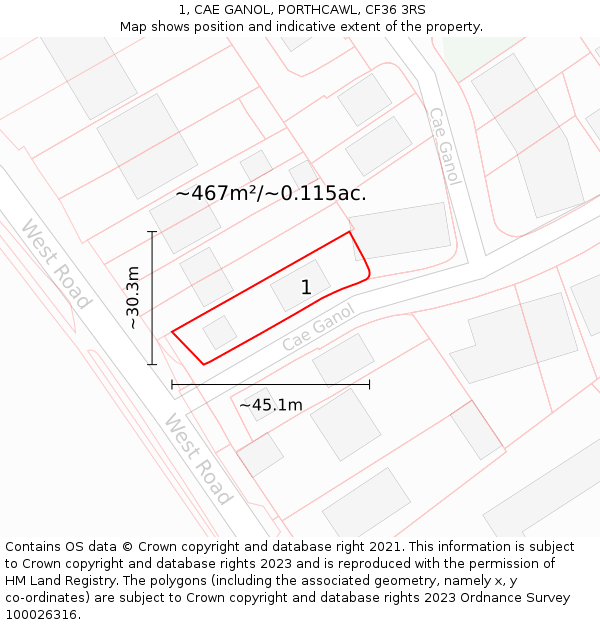 1, CAE GANOL, PORTHCAWL, CF36 3RS: Plot and title map