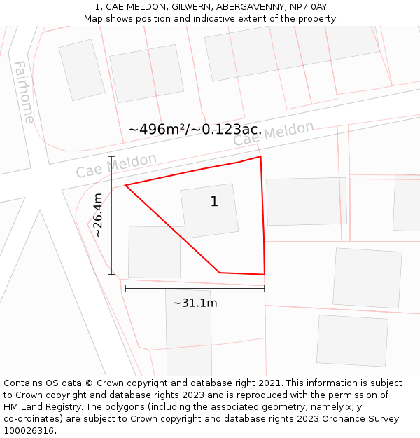 1, CAE MELDON, GILWERN, ABERGAVENNY, NP7 0AY: Plot and title map