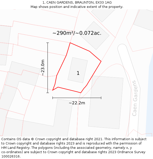 1, CAEN GARDENS, BRAUNTON, EX33 1AG: Plot and title map