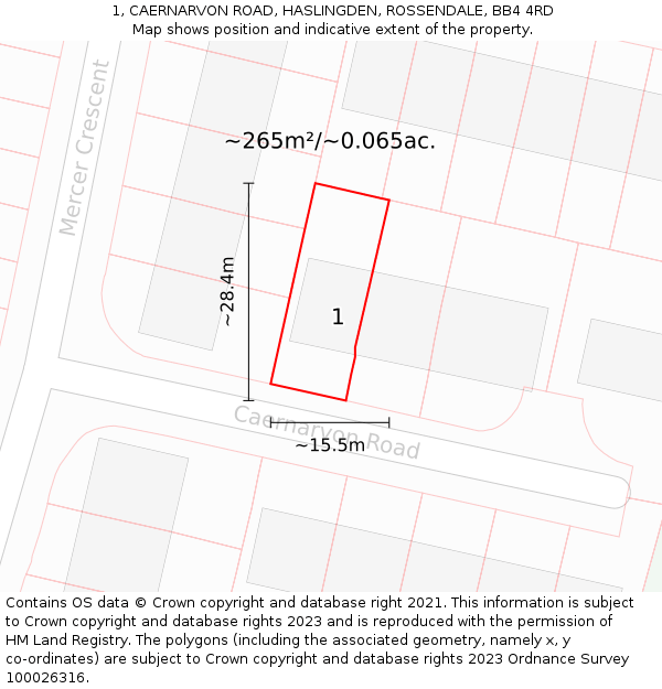 1, CAERNARVON ROAD, HASLINGDEN, ROSSENDALE, BB4 4RD: Plot and title map