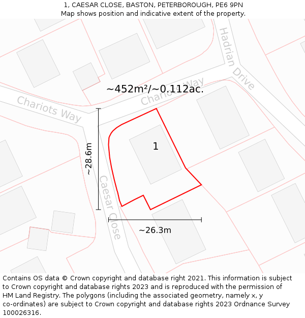 1, CAESAR CLOSE, BASTON, PETERBOROUGH, PE6 9PN: Plot and title map