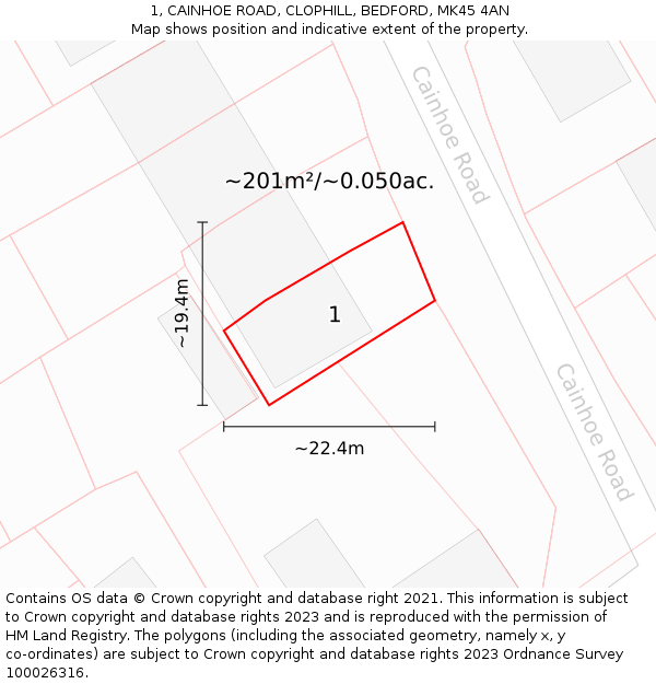 1, CAINHOE ROAD, CLOPHILL, BEDFORD, MK45 4AN: Plot and title map