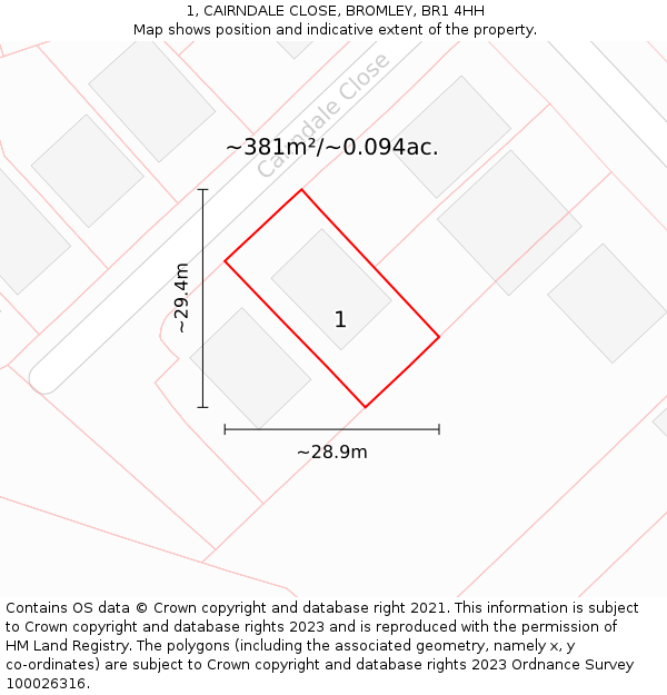 1, CAIRNDALE CLOSE, BROMLEY, BR1 4HH: Plot and title map