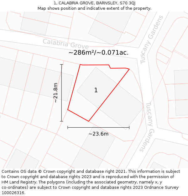 1, CALABRIA GROVE, BARNSLEY, S70 3QJ: Plot and title map