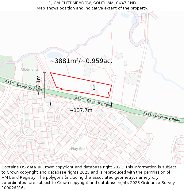 1, CALCUTT MEADOW, SOUTHAM, CV47 1ND: Plot and title map
