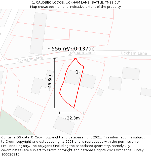1, CALDBEC LODGE, UCKHAM LANE, BATTLE, TN33 0LY: Plot and title map