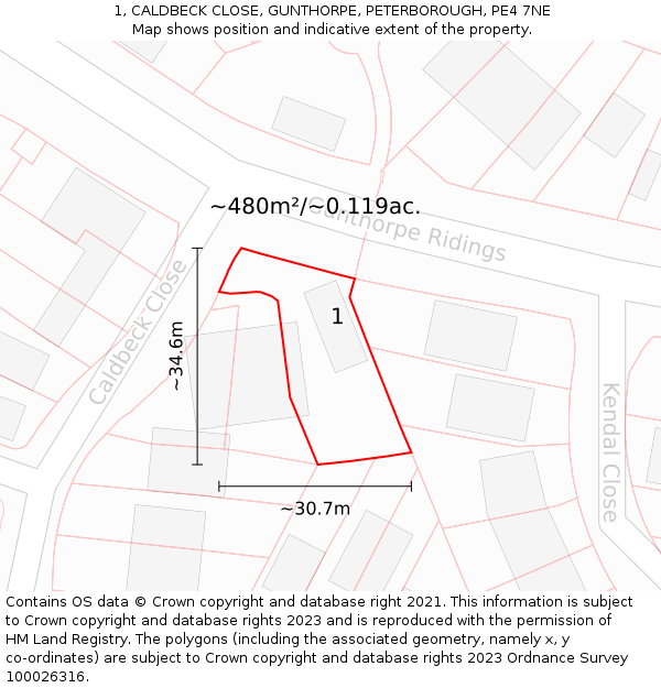 1, CALDBECK CLOSE, GUNTHORPE, PETERBOROUGH, PE4 7NE: Plot and title map
