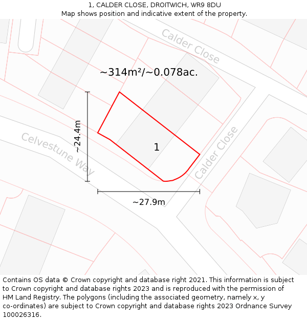 1, CALDER CLOSE, DROITWICH, WR9 8DU: Plot and title map