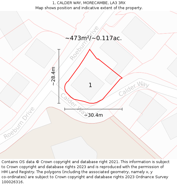 1, CALDER WAY, MORECAMBE, LA3 3RX: Plot and title map