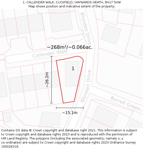 1, CALLENDER WALK, CUCKFIELD, HAYWARDS HEATH, RH17 5HW: Plot and title map