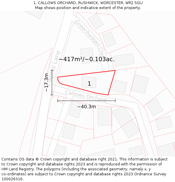 1, CALLOWS ORCHARD, RUSHWICK, WORCESTER, WR2 5GU: Plot and title map