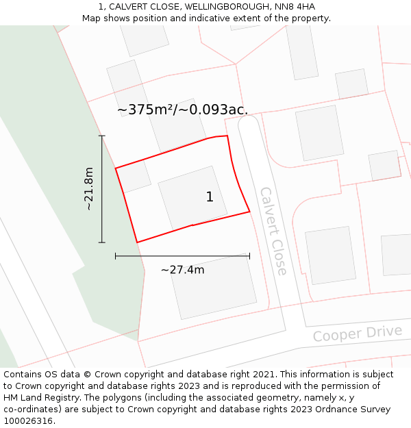 1, CALVERT CLOSE, WELLINGBOROUGH, NN8 4HA: Plot and title map