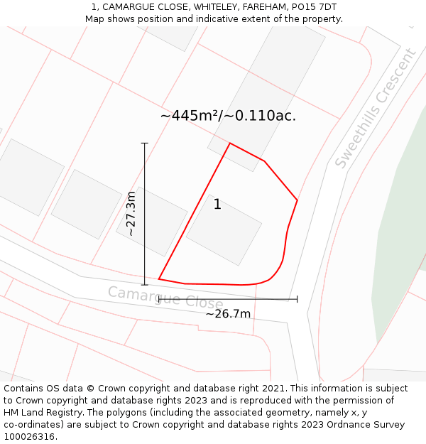 1, CAMARGUE CLOSE, WHITELEY, FAREHAM, PO15 7DT: Plot and title map