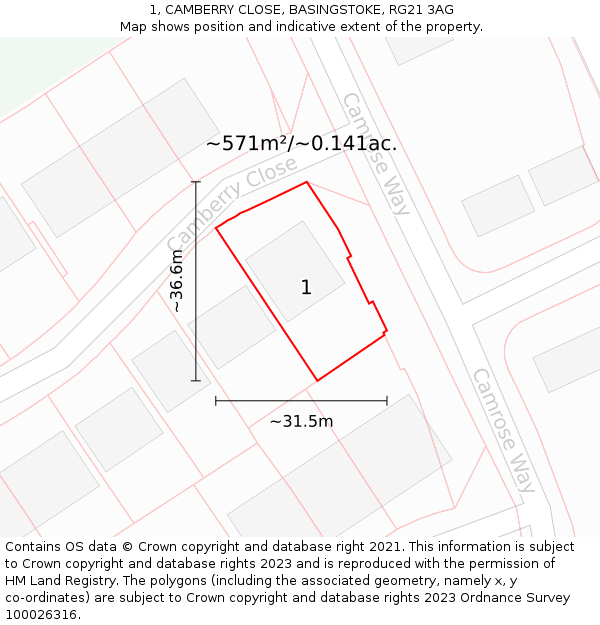 1, CAMBERRY CLOSE, BASINGSTOKE, RG21 3AG: Plot and title map