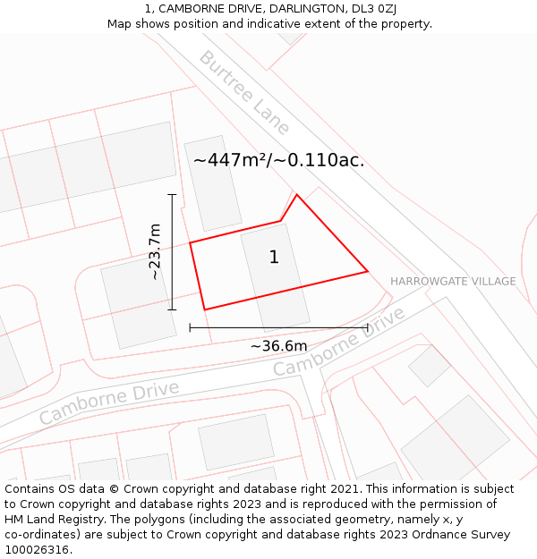 1, CAMBORNE DRIVE, DARLINGTON, DL3 0ZJ: Plot and title map