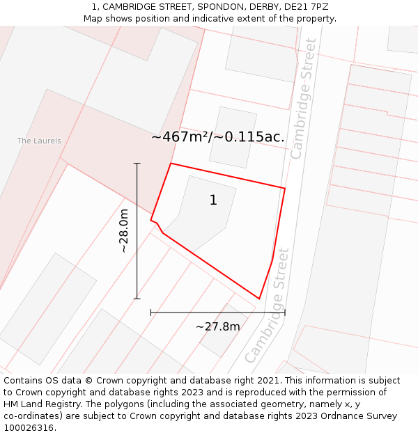 1, CAMBRIDGE STREET, SPONDON, DERBY, DE21 7PZ: Plot and title map