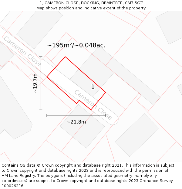 1, CAMERON CLOSE, BOCKING, BRAINTREE, CM7 5GZ: Plot and title map