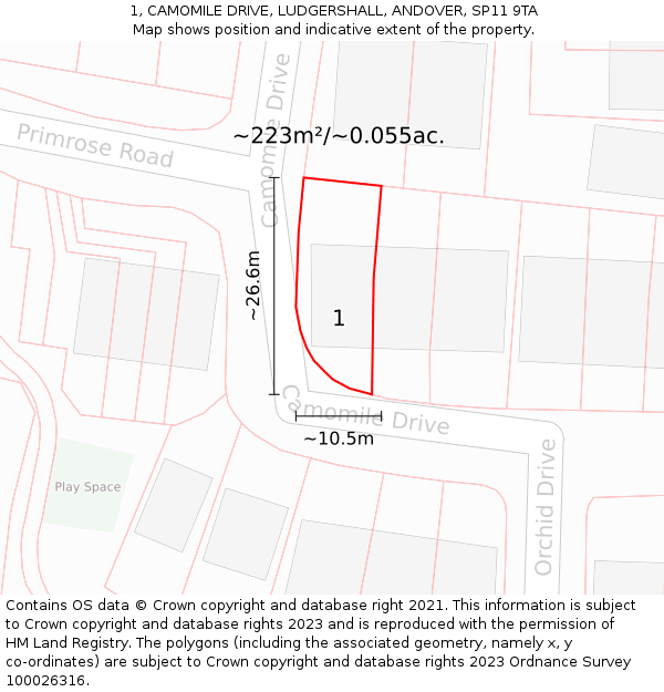 1, CAMOMILE DRIVE, LUDGERSHALL, ANDOVER, SP11 9TA: Plot and title map