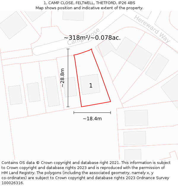 1, CAMP CLOSE, FELTWELL, THETFORD, IP26 4BS: Plot and title map
