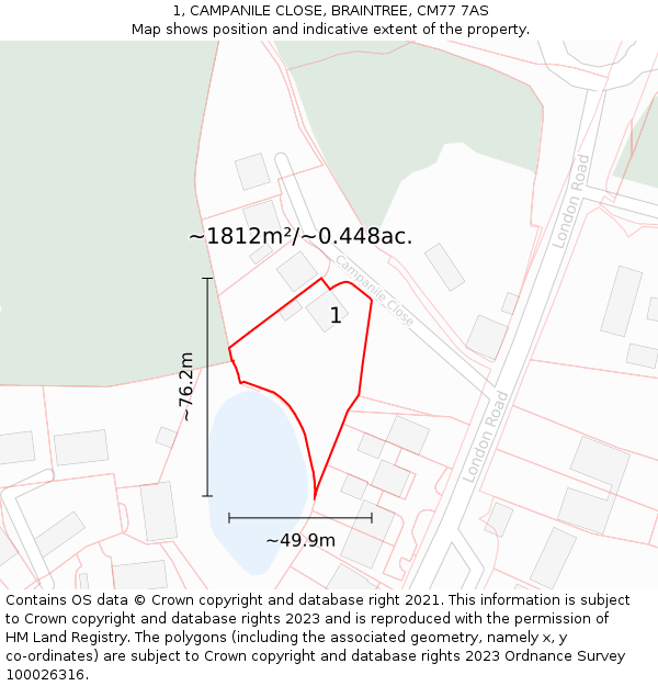 1, CAMPANILE CLOSE, BRAINTREE, CM77 7AS: Plot and title map