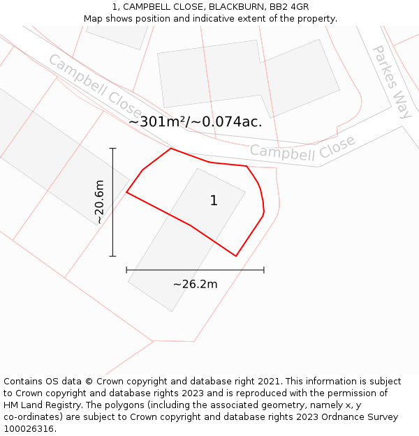 1, CAMPBELL CLOSE, BLACKBURN, BB2 4GR: Plot and title map