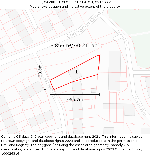 1, CAMPBELL CLOSE, NUNEATON, CV10 9PZ: Plot and title map
