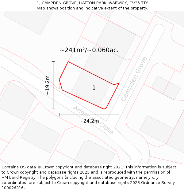 1, CAMPDEN GROVE, HATTON PARK, WARWICK, CV35 7TY: Plot and title map