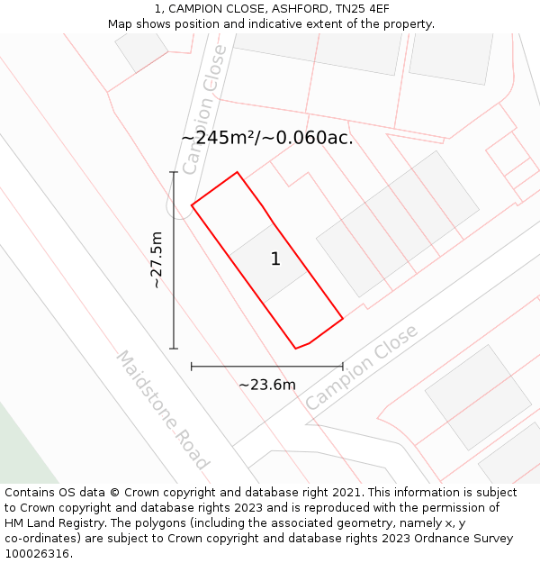 1, CAMPION CLOSE, ASHFORD, TN25 4EF: Plot and title map
