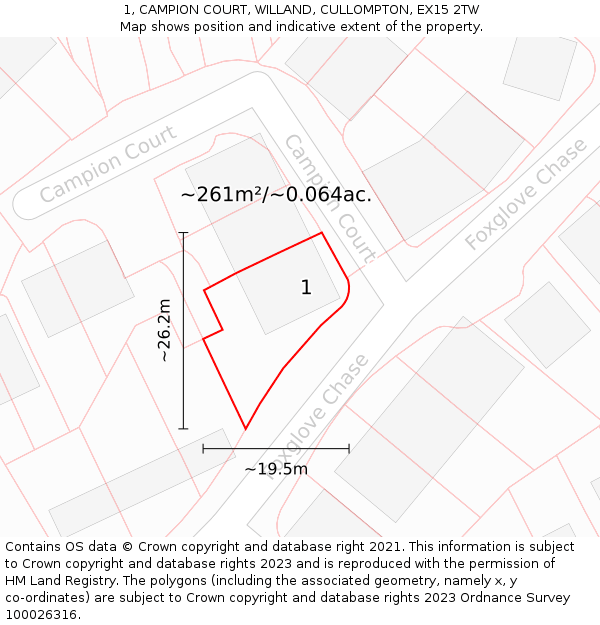 1, CAMPION COURT, WILLAND, CULLOMPTON, EX15 2TW: Plot and title map