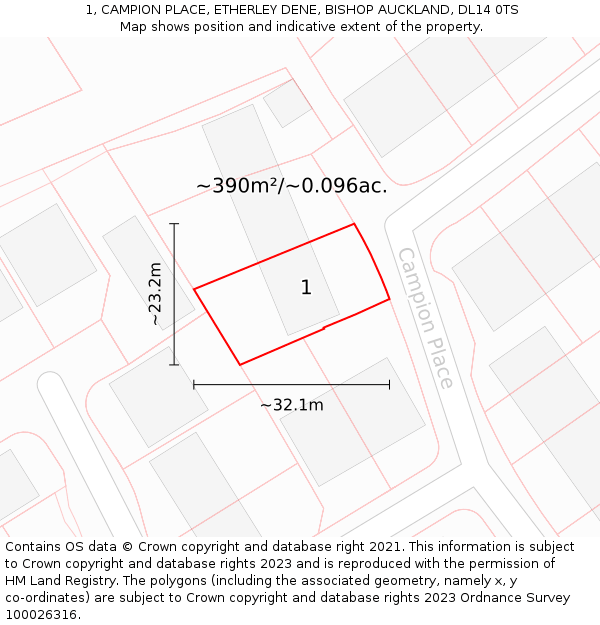 1, CAMPION PLACE, ETHERLEY DENE, BISHOP AUCKLAND, DL14 0TS: Plot and title map