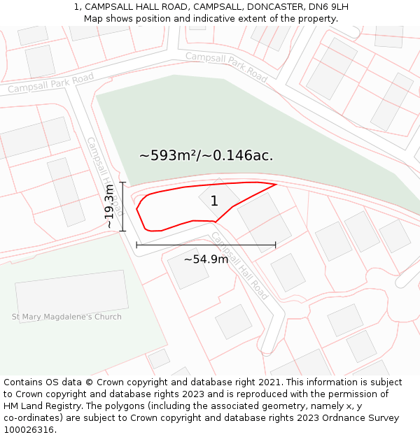 1, CAMPSALL HALL ROAD, CAMPSALL, DONCASTER, DN6 9LH: Plot and title map