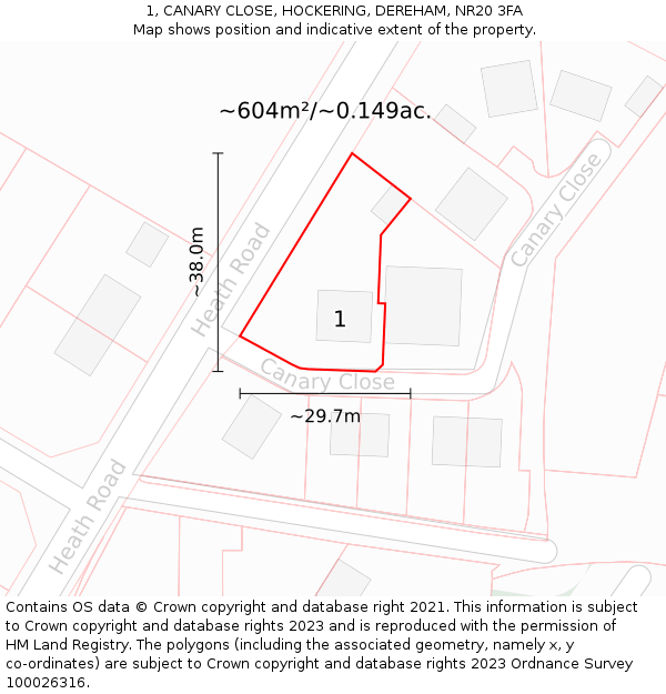 1, CANARY CLOSE, HOCKERING, DEREHAM, NR20 3FA: Plot and title map