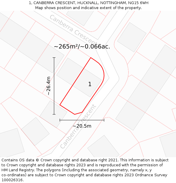 1, CANBERRA CRESCENT, HUCKNALL, NOTTINGHAM, NG15 6WH: Plot and title map
