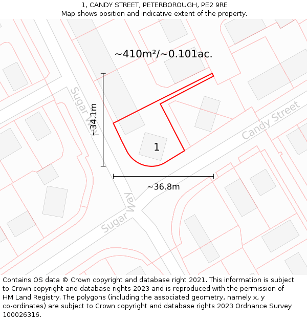 1, CANDY STREET, PETERBOROUGH, PE2 9RE: Plot and title map