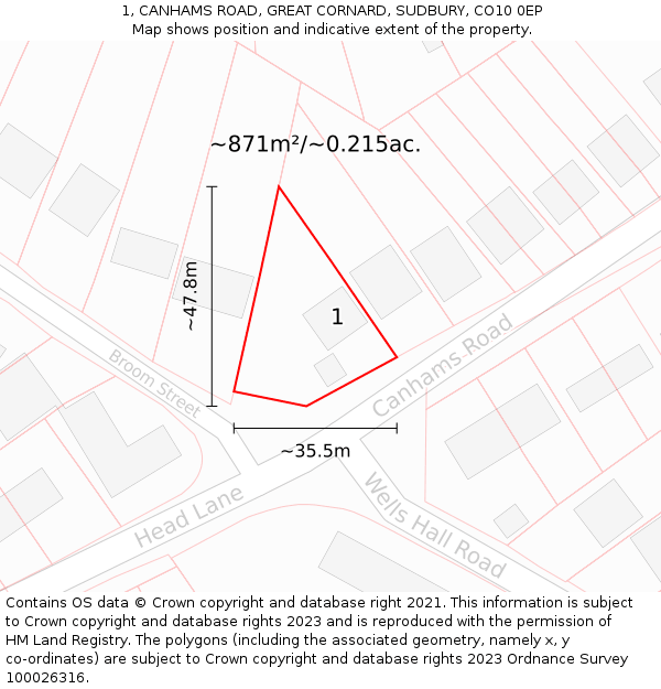 1, CANHAMS ROAD, GREAT CORNARD, SUDBURY, CO10 0EP: Plot and title map
