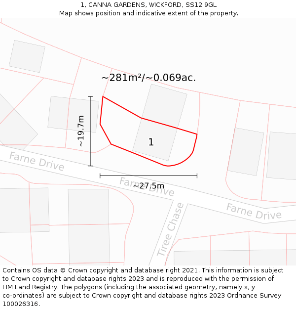 1, CANNA GARDENS, WICKFORD, SS12 9GL: Plot and title map