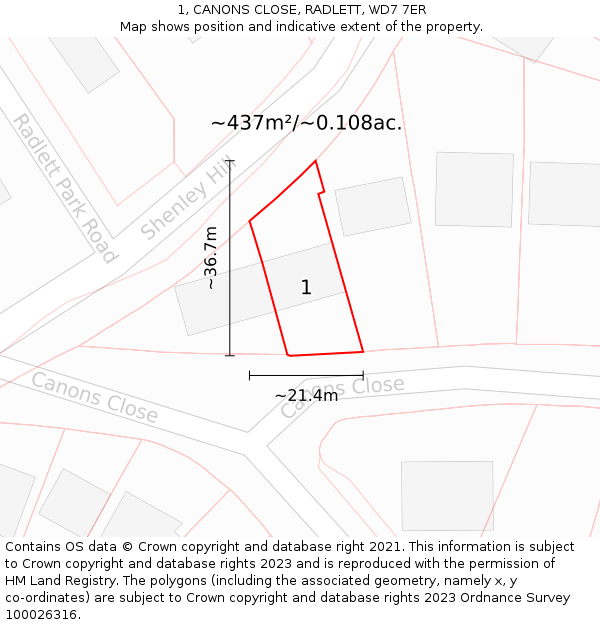 1, CANONS CLOSE, RADLETT, WD7 7ER: Plot and title map