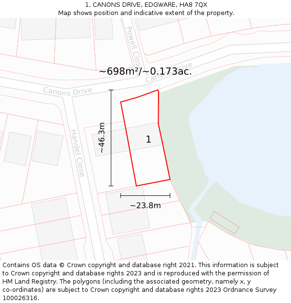 1, CANONS DRIVE, EDGWARE, HA8 7QX: Plot and title map