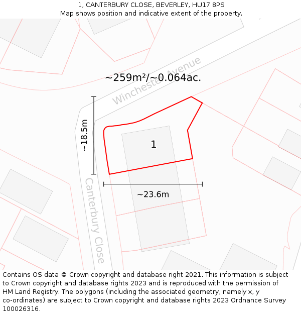 1, CANTERBURY CLOSE, BEVERLEY, HU17 8PS: Plot and title map
