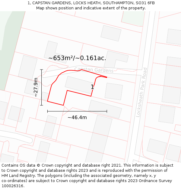 1, CAPSTAN GARDENS, LOCKS HEATH, SOUTHAMPTON, SO31 6FB: Plot and title map