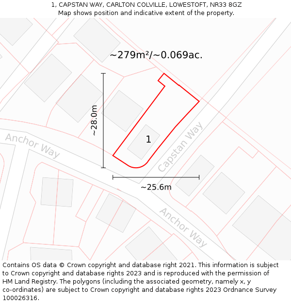 1, CAPSTAN WAY, CARLTON COLVILLE, LOWESTOFT, NR33 8GZ: Plot and title map