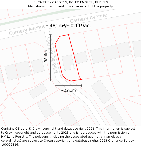 1, CARBERY GARDENS, BOURNEMOUTH, BH6 3LS: Plot and title map
