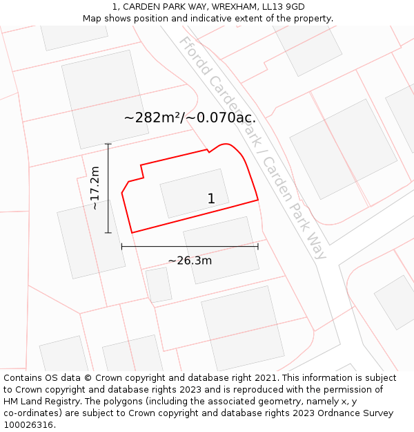 1, CARDEN PARK WAY, WREXHAM, LL13 9GD: Plot and title map